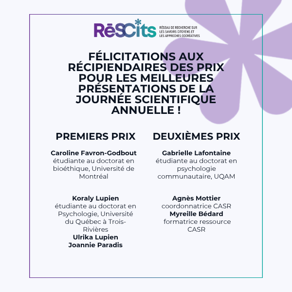 Annonces des récipiendaires des prix des meilleures présentations de la journée scientifique
